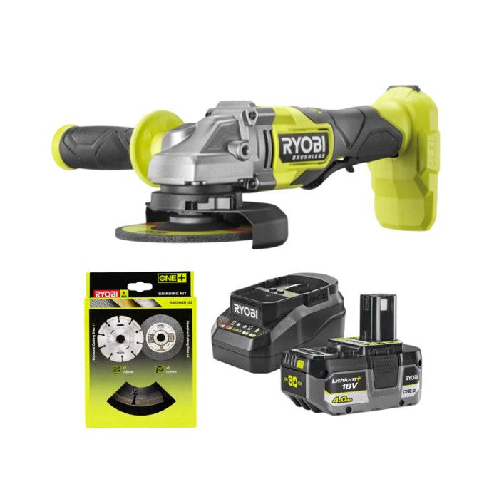 Meuleuse d'angle RYOBI 18V One+ Brushless RAG18BL 125mm Batterie 4 0Ah et chargeur Lot de 6 disques