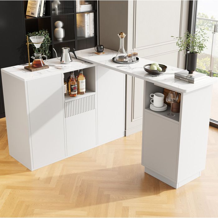 VUENOR îlot central rotatif 360° 210 x 30 x 1009 cm blanc aspect marbre – rangement modulable