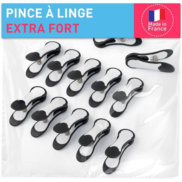 Pince à Linge Extra-Large-12 pièces.Noir-Blanc Pinces à Linge Maxi Clips.Epingle a Linge.Fabriqué en France.90x30mm.Résistant UV