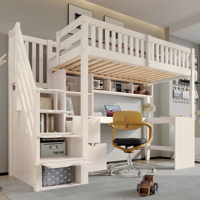 Lit combiné 90 x 200 cm avec rangement en bois blanc 252 x 96 x 165 cm