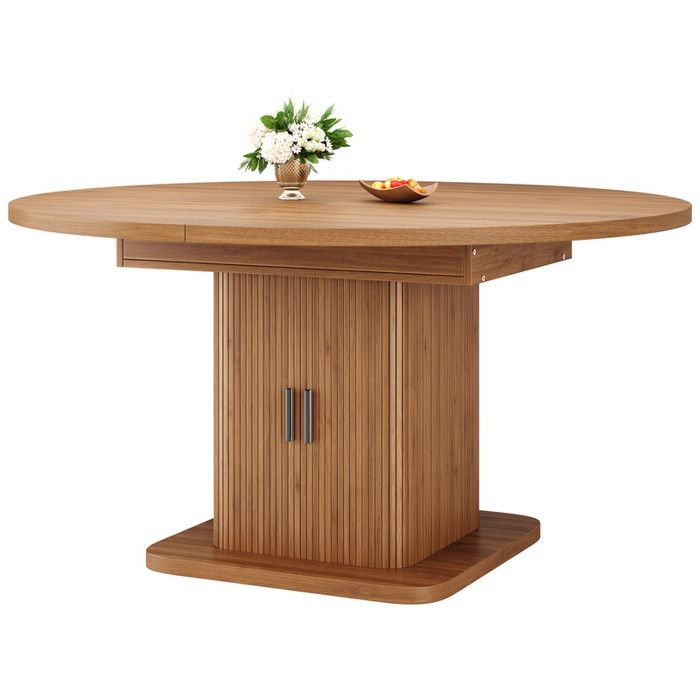 Table à Manger Extensible 110-150 cm Noyer Rangement Portes Coulissantes Étagères Réglables Meuble de Salle à Manger Polyvalent
