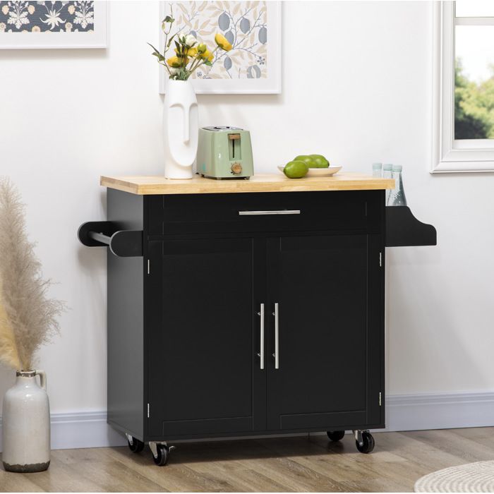 Meuble rangement cuisine à roulettes avec plan de travail tiroir porte-épices et porte-serviettes Noir VEVXYN