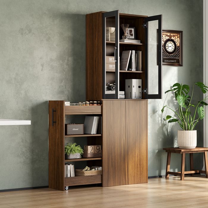 Meuble de cuisine 60x30x180 cm Noir Naturel MDF avec portes en verre et chariot extractible