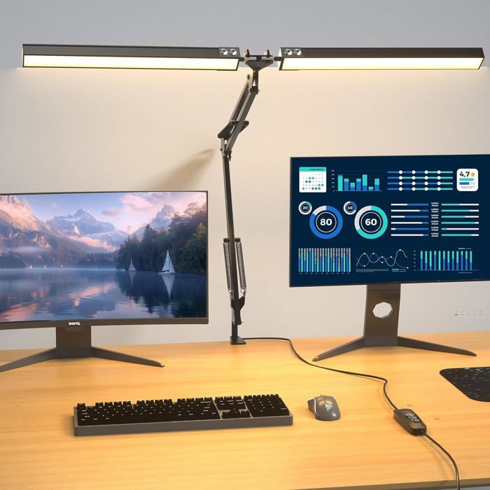 20W 2000LM Lampe de Bureau LED Pince Double Tête Dimmable 3 Couleurs & 10 Luminosités Protection des Yeux Noir Lampe Bureau 20W 2000LM Lampe de Bureau LED Pince Double Tête Dimmable 3 Couleurs & 10 Luminosités Protection des Yeux Noir Lampe Bureau