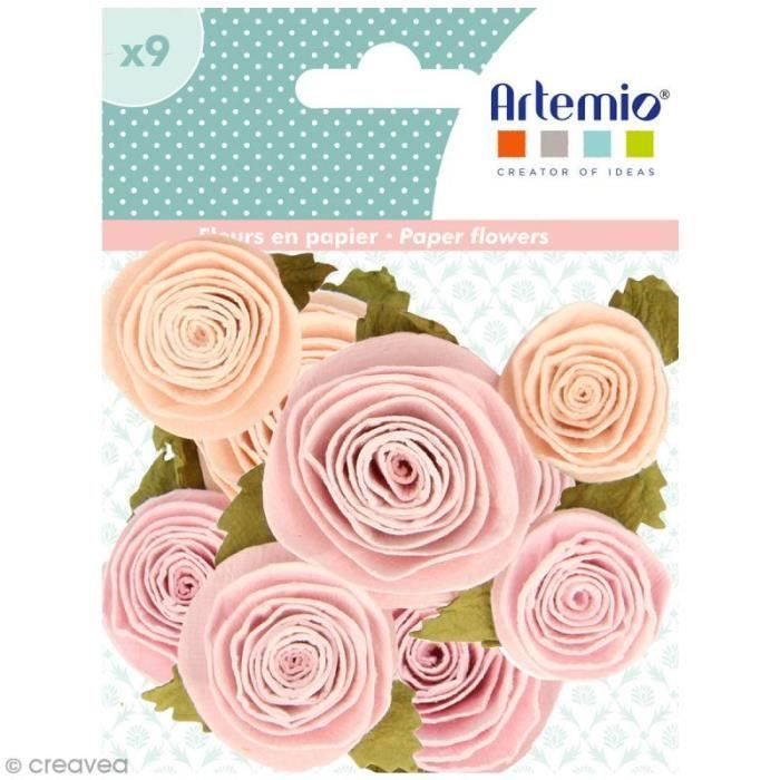 Fleur en papier Artemio Jardin secret - 3 à 3,5 cm - Vieux rose - 9 pcs Moyennes fleurs en papier avec 2 feuilled, pour décoration:
