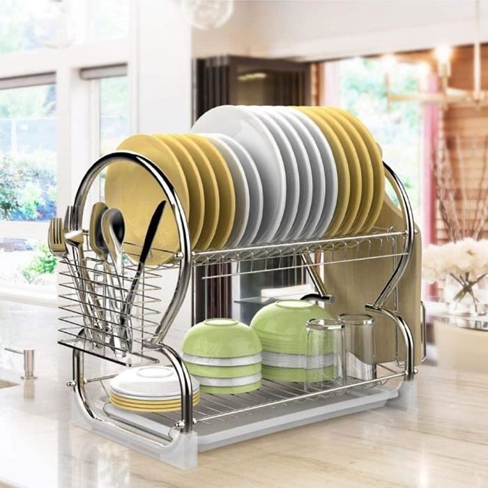 Egouttoir à Vaisselle 2 Etages Support Panier Rangement Assiettes  Ustensiles de Cuisine Facile à nettoyer