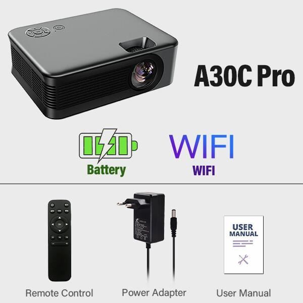 AUN – Mini projecteur Portable A30C Pro 4K WIFI pour Home cinéma batterie  LED pour synchronisation de téléphone film 3D