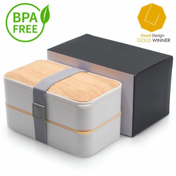 Lunch Box Bambou Blanc | 2 Couverts Offerts | Box 2 Compartiments Étanches  1200 ML | Micro-Ondes et Lave-Vaisselle 