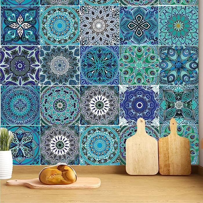 WALPLUS Lot De 24 Pièces Crédence Cuisine à Coller Stickers Carrelage 15x15 Cm Amovible Carrelage Adhesif Mural Cuisine Vert Vintage Marocain Stickers Muraux Cuisine Carrelage Salle De Bain