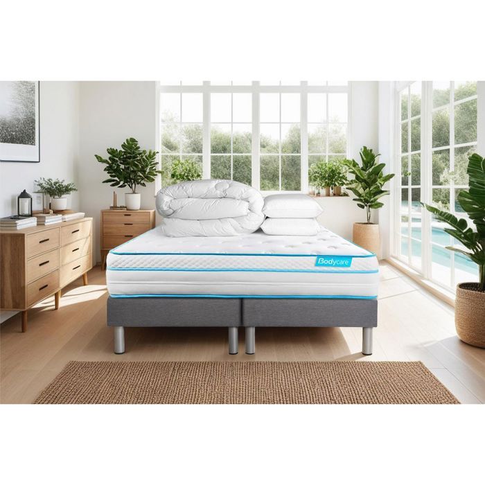 Ensemble sommier matelas 180x200 Bodyzone+ Ressorts ensachés et mémoire de forme - 26 cm - Ferme - double sommiers gris + 2 oreiller
