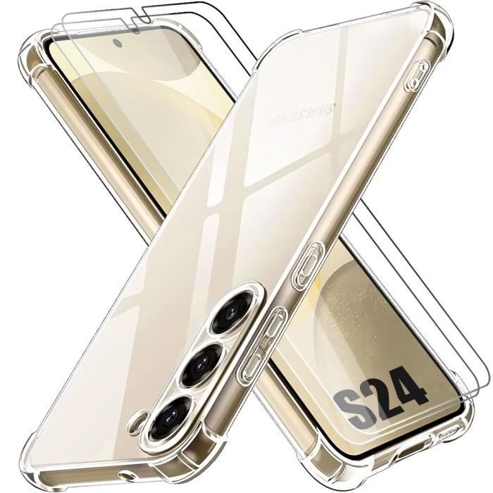 Coque pour Samsung Galaxy S24 avec 2 Verres Trempés, Pack Protection 4  Coins Renforcés Silicone Transparent - Cdiscount Téléphonie