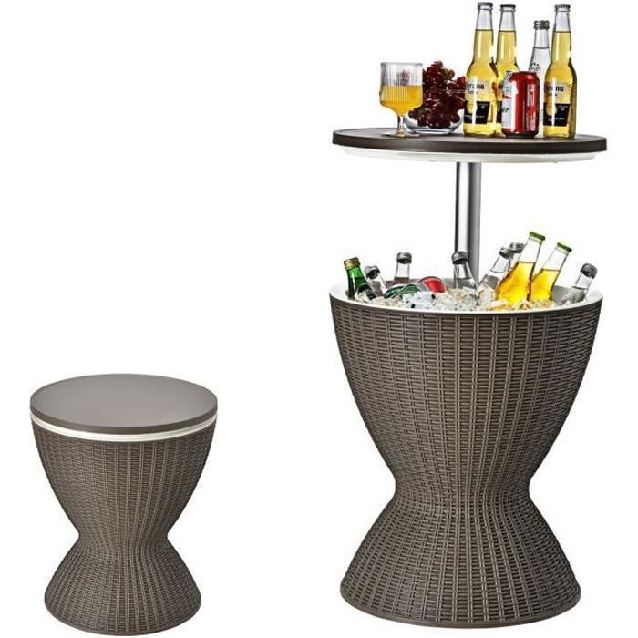 COSTWAY Cool Bar 30L Table Basse 2 en 1 avec Plateau Relevable Ø 43 x 575/82H cm Imitation Rotin pour Fêtes Terrasses Jardins Brun