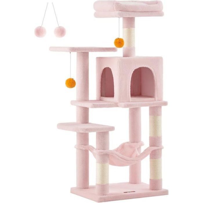 Comparer les prix de Arbre à Chat, Hauteur 112 cm, avec 4 Poteaux à Griffer, 2 Plateformes, 1 Niche, 1 Hamac, 2 Pompons, Rose Bonbon