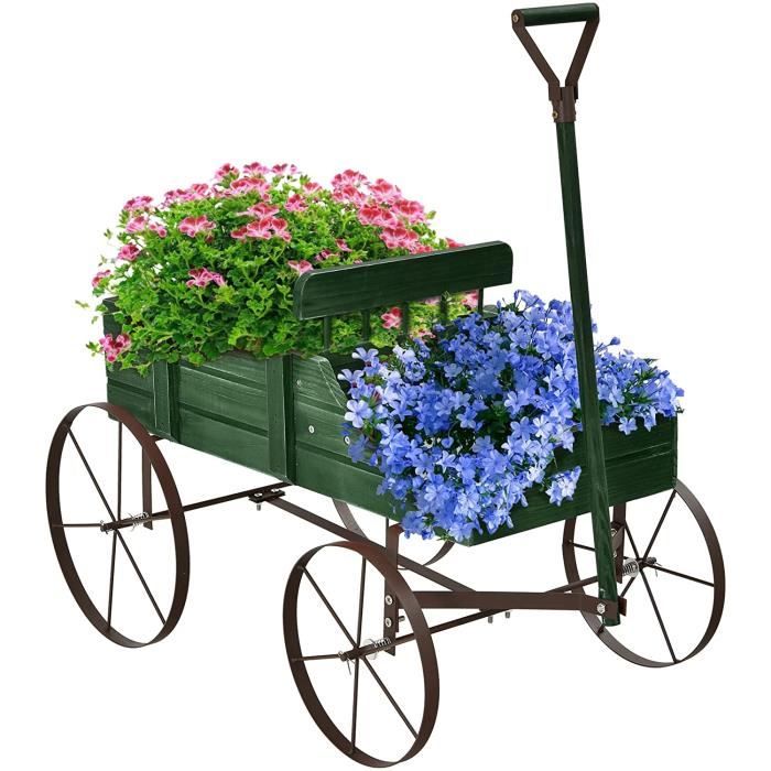 GOPLUS Jardinière Forme Brouette Chariot Décoratif en Bois avec 2 Bac de Plantation pour Jardinière,Jusqu’à 15kg,35×62,5×60cm Vert