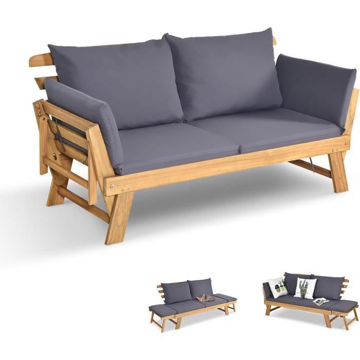 GOPLUS Canapé de Jardin Extensible 2 Places Charge 320 KG-Design 3 en 1 en Bois dAcacia Certifié FSC avec Coussins Amovibles Gris