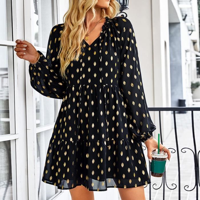 Dioche Robe longue Seeve pour femmes Women s Casual Summer Ruffle Dots Chiffon Dresses V Neck Tie Strap Long Sleeve vetements robe Black Cdiscount Pret a Porter
