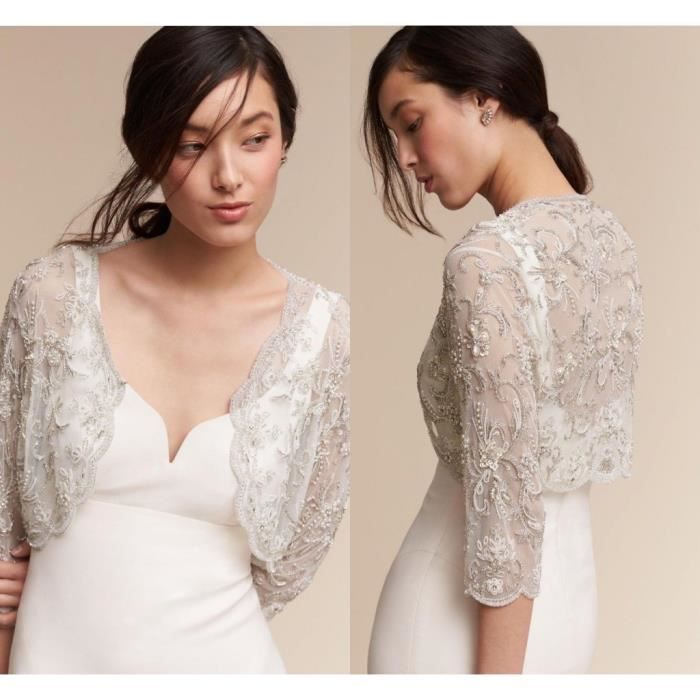 Dentelle Diamants Bolero De Mariage Femme Veste 3 4 Manches Perles