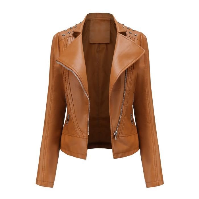 Veste Femme En Cuir Court - Col Montant, Couleur Unie, Plusieurs Coloris (noir, Brun, Bleu Marine, Etc.)