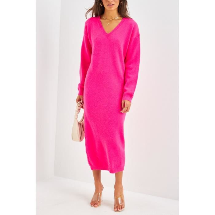 Robe pull ample et longue fuchsia decollete V Rose Cdiscount Pret a Porter