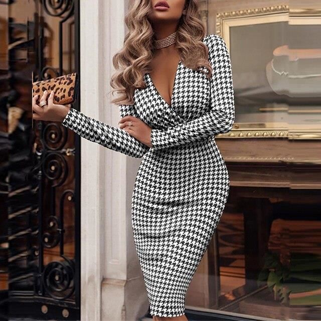 Vêtements Femme,Robe de soirée Simple et élégante pour femme,tenue de  bureau,manches courtes,Sexy,col en V,couleur u- Houndstooth Blanc -  Cdiscount Prêt-à-Porter