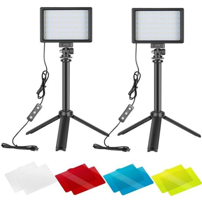 Neewer 66 LED Panneau USB Lumière Vidéo 5600K Réglable - Lot de 2 Lampe LED avec Mini Trépied de Table et Filtres Colorés pour Photo