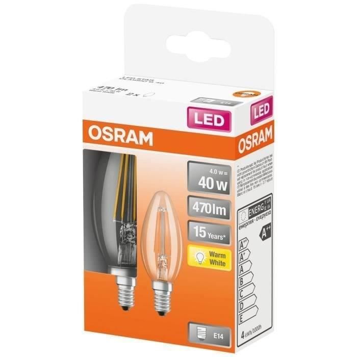 OSRAM - Boite de 2 LED flamme verre clair 4W E14 470lm 2700K chaud