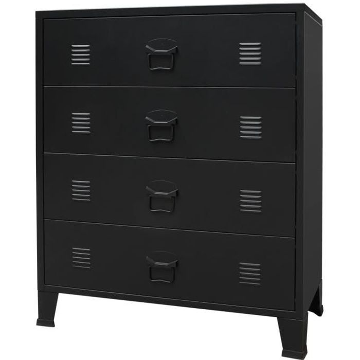 Commode à tiroirs - OVONNI - Style Industriel - Noir - 4 tiroirs