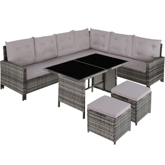 tectake salon de jardin barletta modulable 1 canape d angle 1 table 2 poufs tabourets en resine tressee gris cdiscount jardin