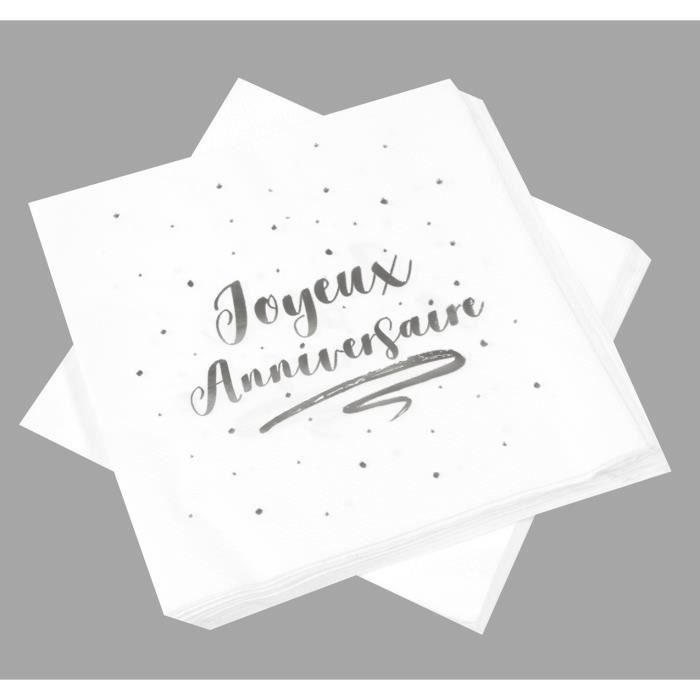 20 Serviettes en papier joyeux anniversaire argentées - 33 x 33