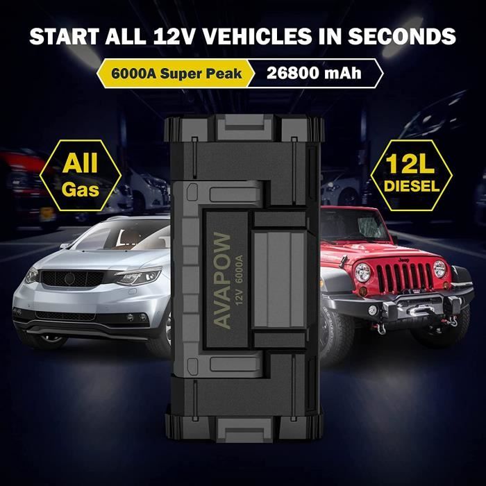 6000A Peak Booster Batterie Voiture(Jusqu'à 12L Diesel-pour Tous
