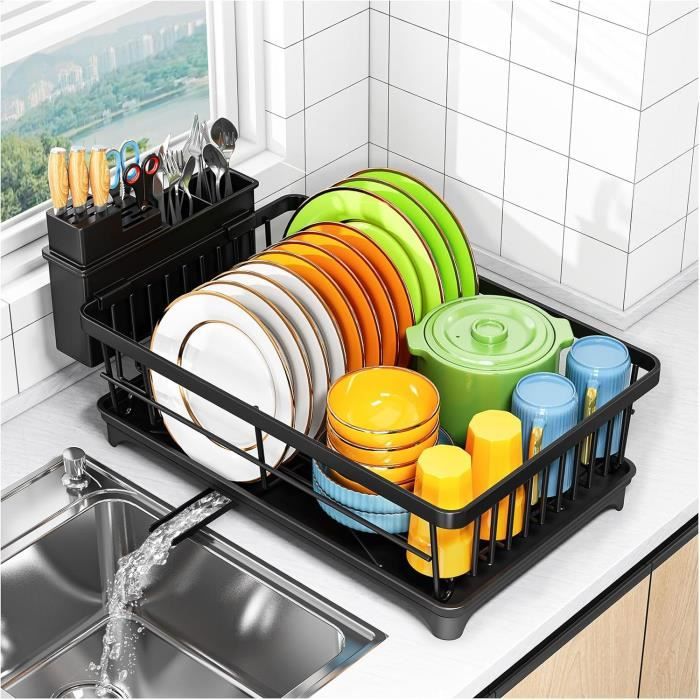 Égouttoir à Vaisselle Compact Avec Porte-Ustensiles - Égouttoir De Comptoir Noir - Drainage 360°