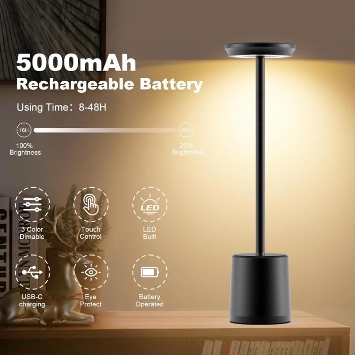 Lampe De Table Led Exterieur Sans Fil Rechargeable Usb Lot De 2 Lampes De Table LED Sans Fil, Batterie 5200 MAh, Tactile, à Intensité Variable, 3 Lampe De Table Rechargeable