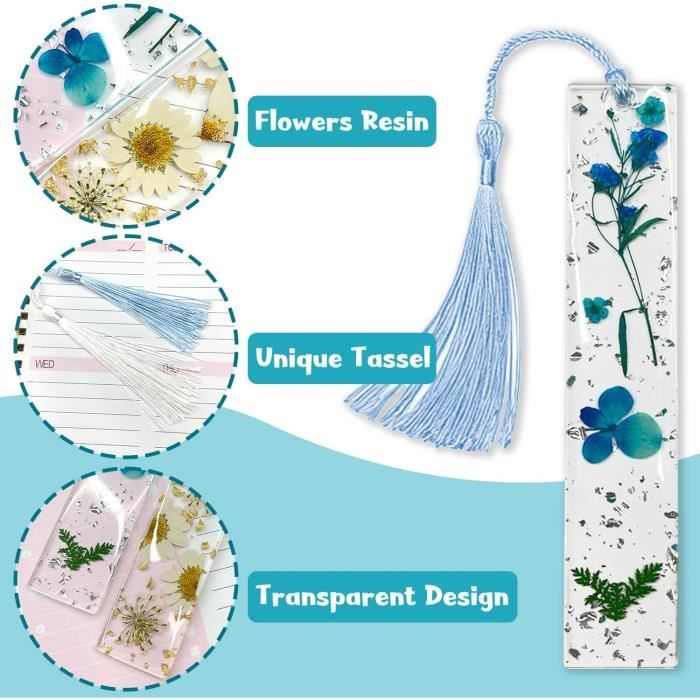 Lot De 2 Marque-Pages Fleurs Séchées Résine – Bleu & Blanc Avec Pompon – Marque-Page Floral Transparent Fait Main – Cadeau Lecteur, Prof, Étudiant