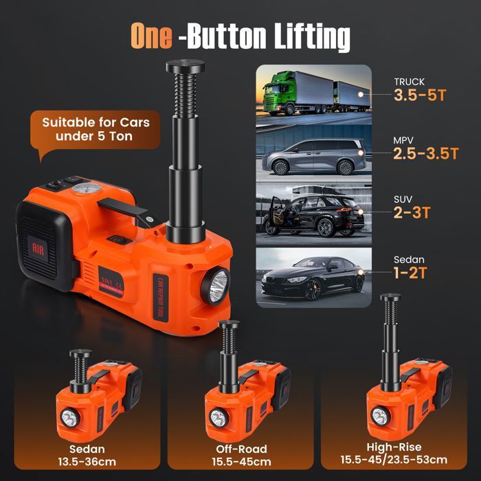 Cric électrique 5 Tonnes 4 En 1 - Hauteur 155-450mm - Avec Pompe à Air Et LED - Pour Voiture, SUV - 12V