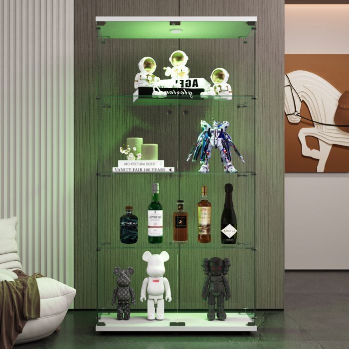 Vitrine Étagère Debout Avec Éclairage LED - Verre Trempé Porte Et Étagères - Blanc