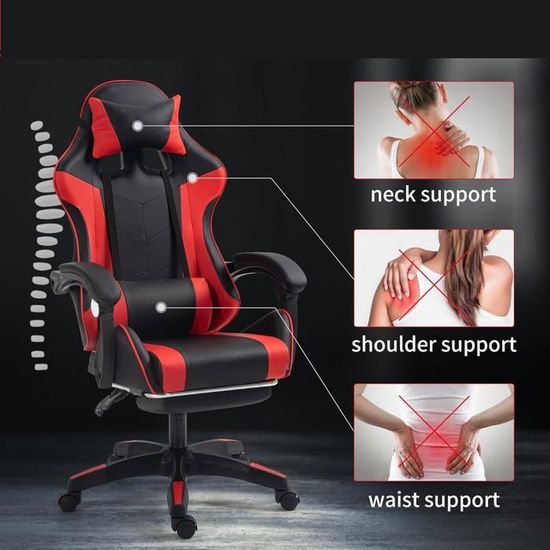 Chaise Gaming Ergonomique Avec Repose-Pieds Et Appuie-Tête – Rouge – Coussin Lombaire Inclus