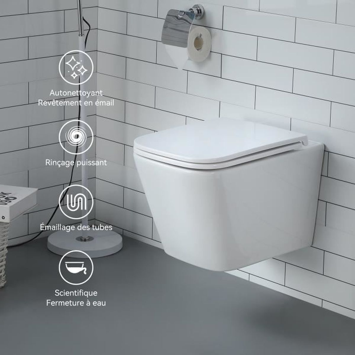 WC Suspendu Sans Bord Moderne - Nano-revetement, Siège Soft-Close, Chasse Intégrée, Blanc, Bestpriceparts