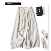 Pantalon Large avec poche couleur unie semi-élastique taille haute femme en coton et lin Beige