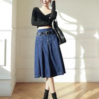 Jupe,Jupe en jean mi-longue plissée pour femmes, Streetwear, Vintage, longueur aux genoux, mode Acubi, bleu Grunge - Bleu[A52344]