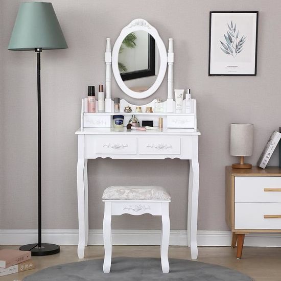 Coiffeuse Avec Miroir Pivotant Ovale MDF - Table De Toilette Coiffeuse Vanity Table Miroir Pivotant Commode 86344744