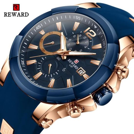 Montre Hommes REWARD - Bracelet Silicone Étanche - Sport Chronographe - Quartz - Bleu Or Rose