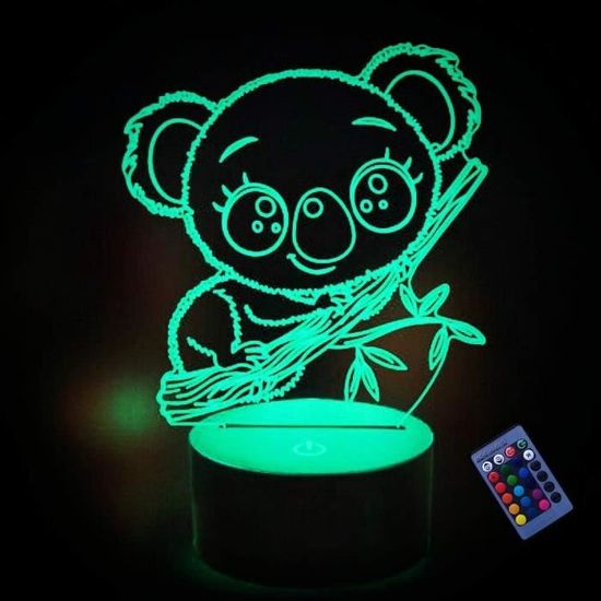 Illusion Optique 3D Koala Nuit Lampe 16 Couleurs Changeantes Puissance USB Télécommande Contact
