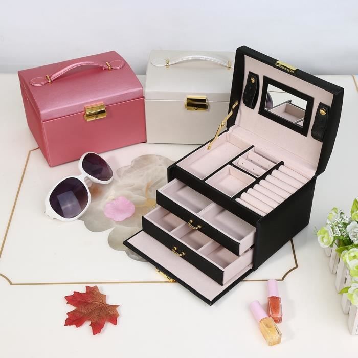 Trois couches boîte rangement bijoux organisateur PU boucle d'oreille collier vitrine armoire collection pratique et facile noir
