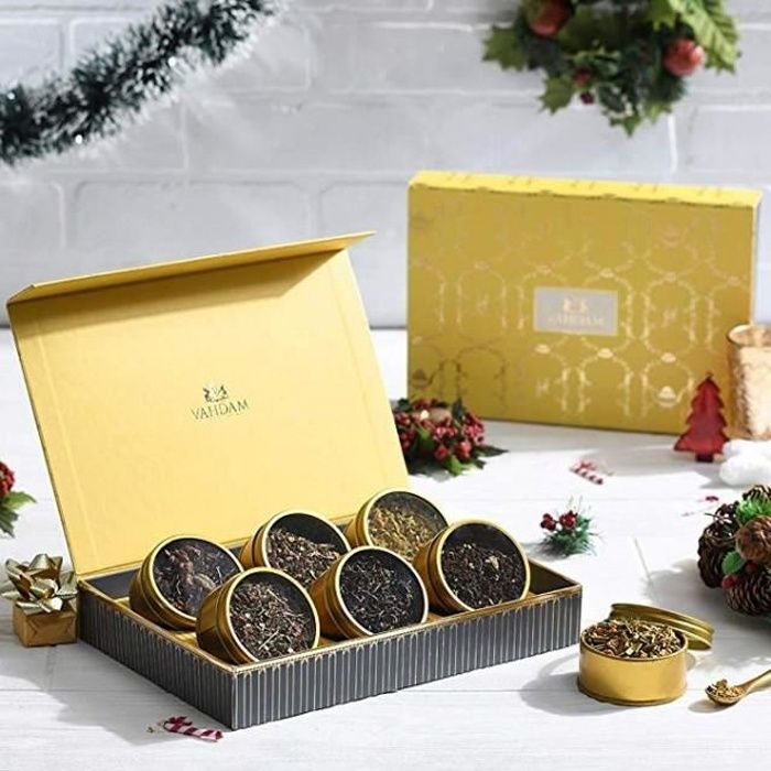 VAHDAM, Coffret Thé assorti - 6 THÉS - Boîte de luxe - Meilleurs cadeaux de Noël- Thé noir, thé vert, tisane, thé chai -