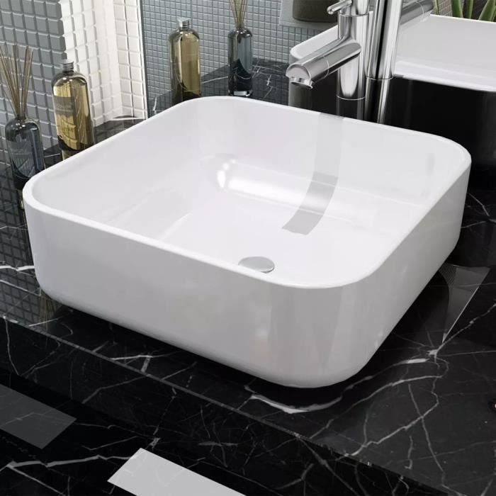 Lavabo Vasque à poser Salle de Bain Lave Main Haut de Gamme carré Céramique Blanc 38x38x13,5 cm