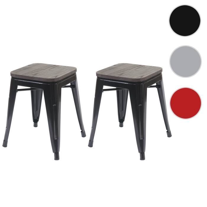 2x tabouret HWC-A73 avec siège en bois, tabouret en métal, design industriel, empilable ~ noir