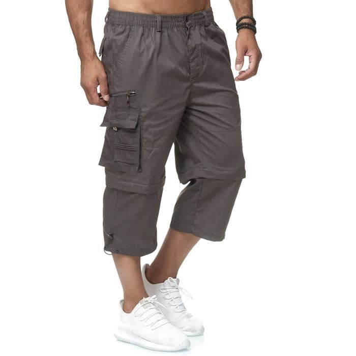 Men Cargo Shorts 3-4 Casual Capri Pants Side Pockets Light Trekking Pants Shortenable with Zipper