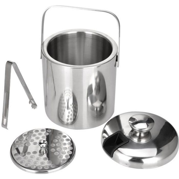Double Paroi Seau à Glace en Acier Inoxydable, 1,3L Seau à Glace bac à glaçons avec Pince et couvercles Ice conteneurs, avec Pinces