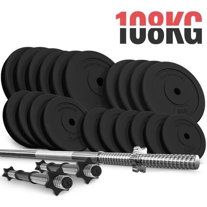 Physionics® Set de Barres d'Haltère avec Disques de Poids - Set 108 kg, Barre Longue 165cm, 2 Barres Courtes, Disques - Gym, Fitness