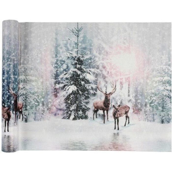 Chemin de table de Noël avec cerfs givrés irisés 30cm x 5m (x1) REF/6513